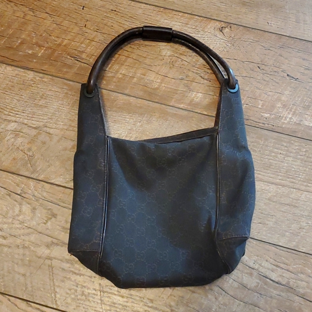 Vintage Gucci Small Shoulder Bag Dark Brown GG Twill and Leather